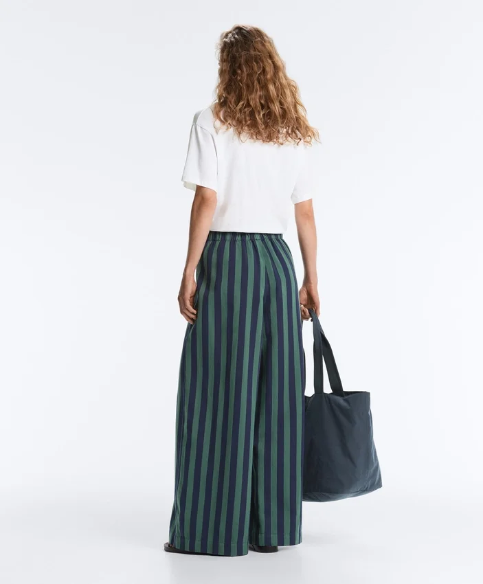 Pantalones de pierna ancha a rayas de mezcla de algodón Pantalones de pierna ancha a rayas de mezcla de algodón