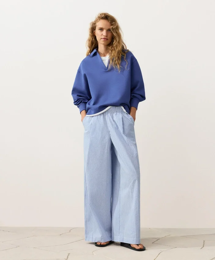 Pantalones de pierna ancha a rayas de mezcla de algodón Pantalones de pierna ancha a rayas de mezcla de algodón