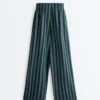 Pantalones de pierna ancha a rayas de mezcla de algodón Pantalones de pierna ancha a rayas de mezcla de algodón