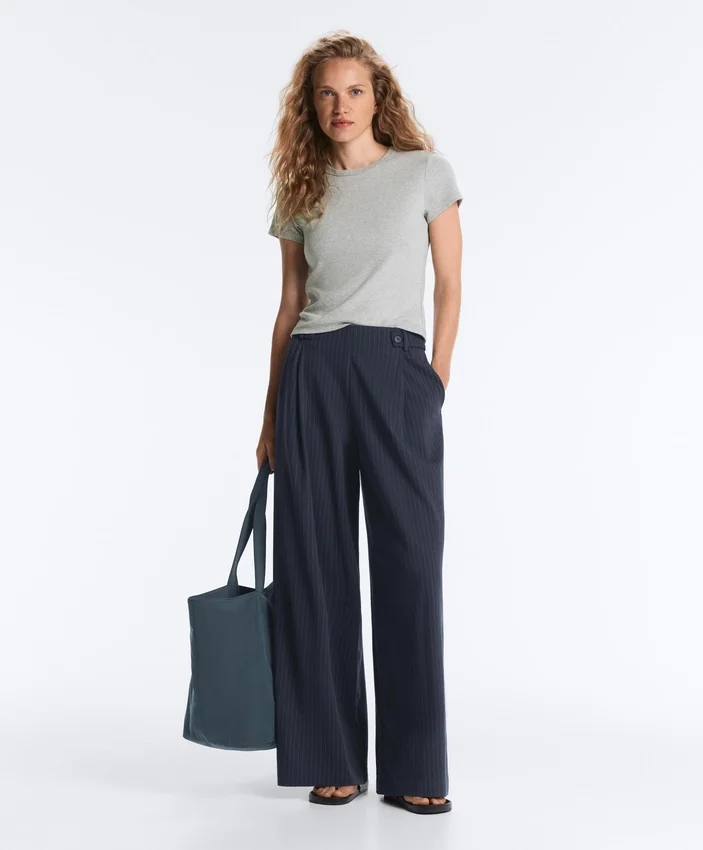 Pantalones de pierna ancha de piqué de algodón a rayas Pantalones de pierna ancha de piqué de algodón a rayas
