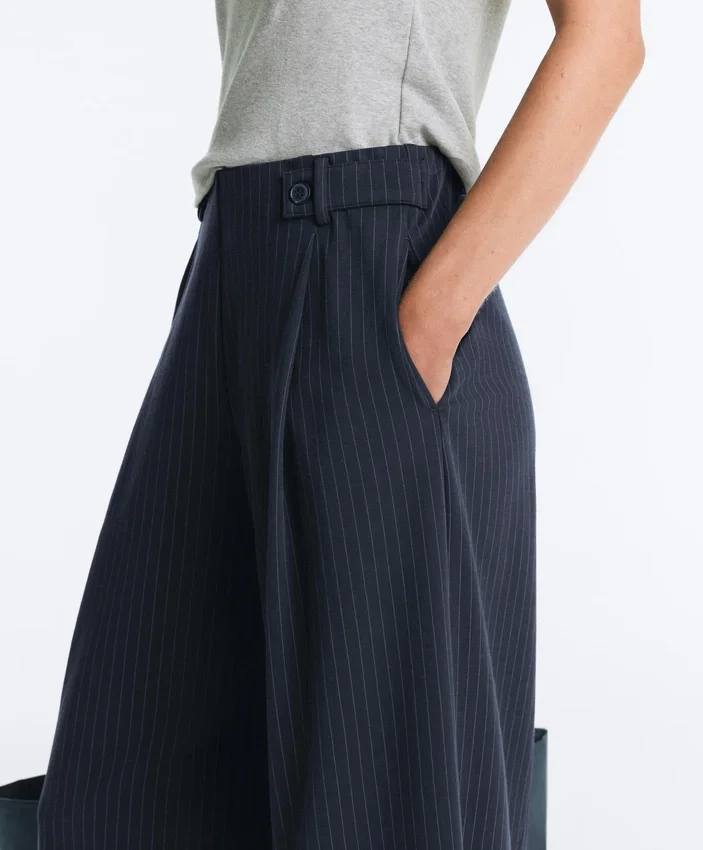 Pantalones de pierna ancha de piqué de algodón a rayas Pantalones de pierna ancha de piqué de algodón a rayas