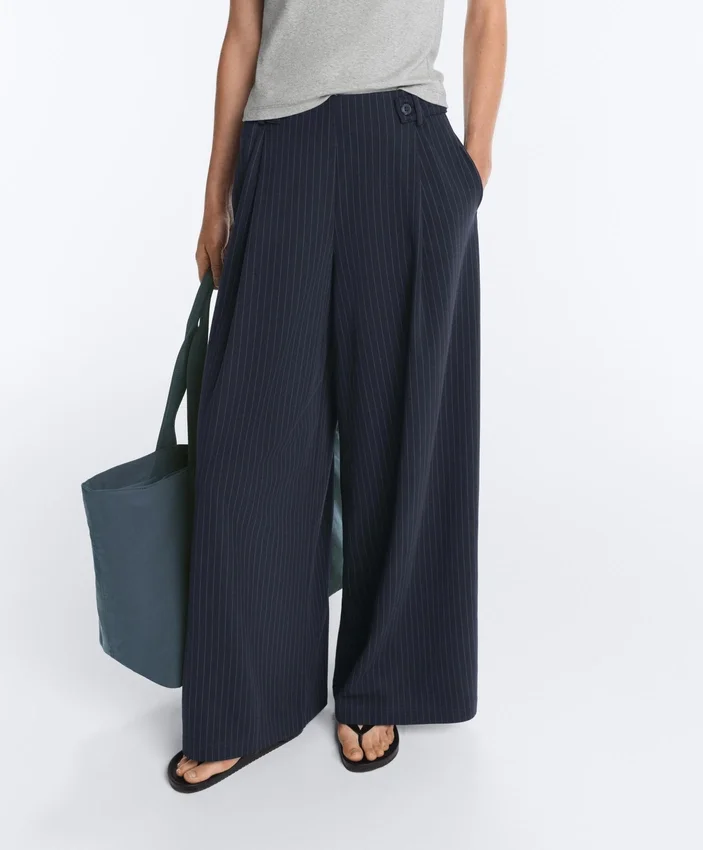 Pantalones de pierna ancha de piqué de algodón a rayas Pantalones de pierna ancha de piqué de algodón a rayas