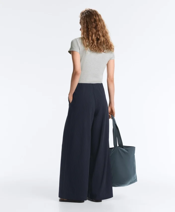 Pantalones de pierna ancha de piqué de algodón a rayas Pantalones de pierna ancha de piqué de algodón a rayas