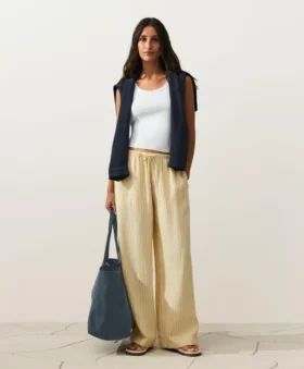 Pantalones de pierna recta con estampado de rayas 100 % lino