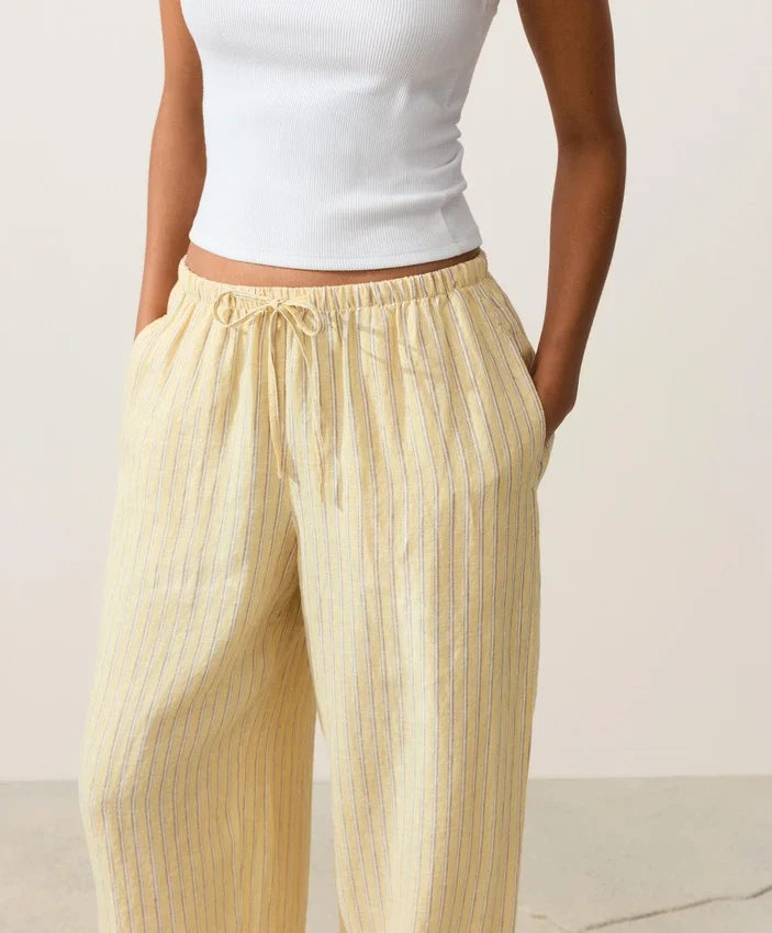 Pantalones de pierna recta con estampado de rayas 100 % lino Pantalones de pierna recta con estampado de rayas 100 % lino