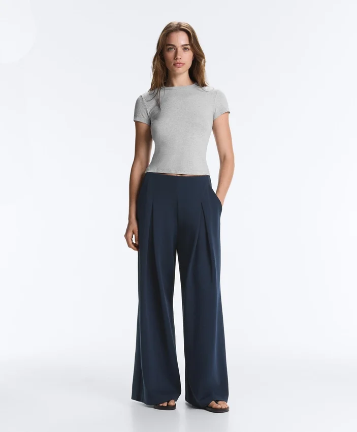 Pantalones de piqué de pierna ancha con algodón Pantalones de piqué de pierna ancha con algodón