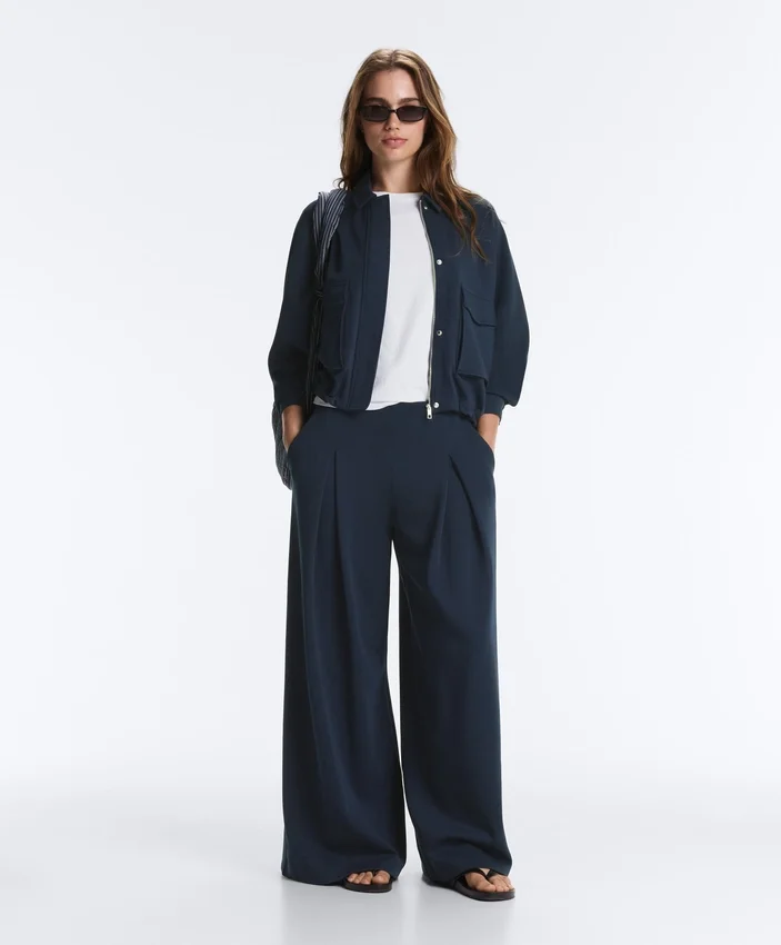 Pantalones de piqué de pierna ancha con algodón Pantalones de piqué de pierna ancha con algodón