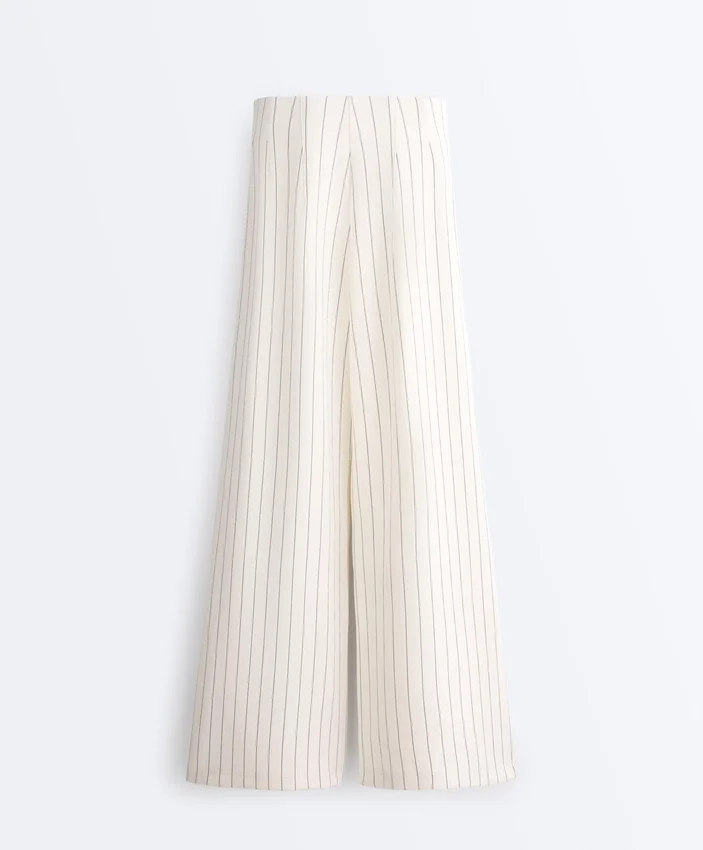 Pantalones de talle alto, pierna ancha y rayas finas de tacto Soft Touch Pantalones de talle alto, pierna ancha y rayas finas de tacto Soft Touch