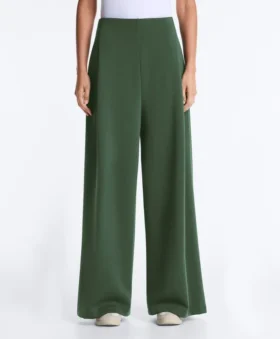 Pantalones de tiro alto de sarga y pierna ancha con pliegues