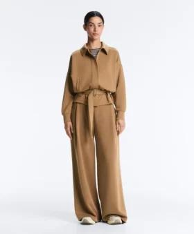Pantalones de tiro alto de sarga y pierna ancha con pliegues