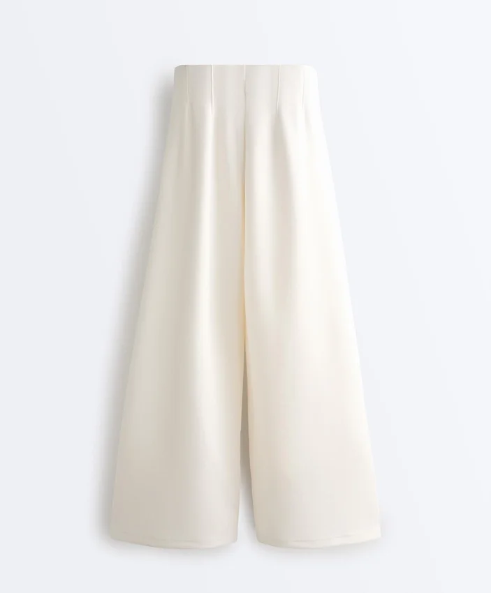 Pantalones de tiro alto de sarga y pierna ancha con pliegues Pantalones de tiro alto de sarga y pierna ancha con pliegues