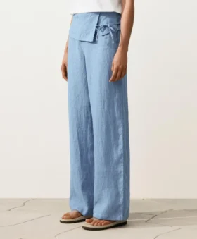 Pantalones rectos 100 % lino con cintura con vuelta
