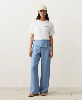 Pantalones rectos 100 % lino con cintura con vuelta