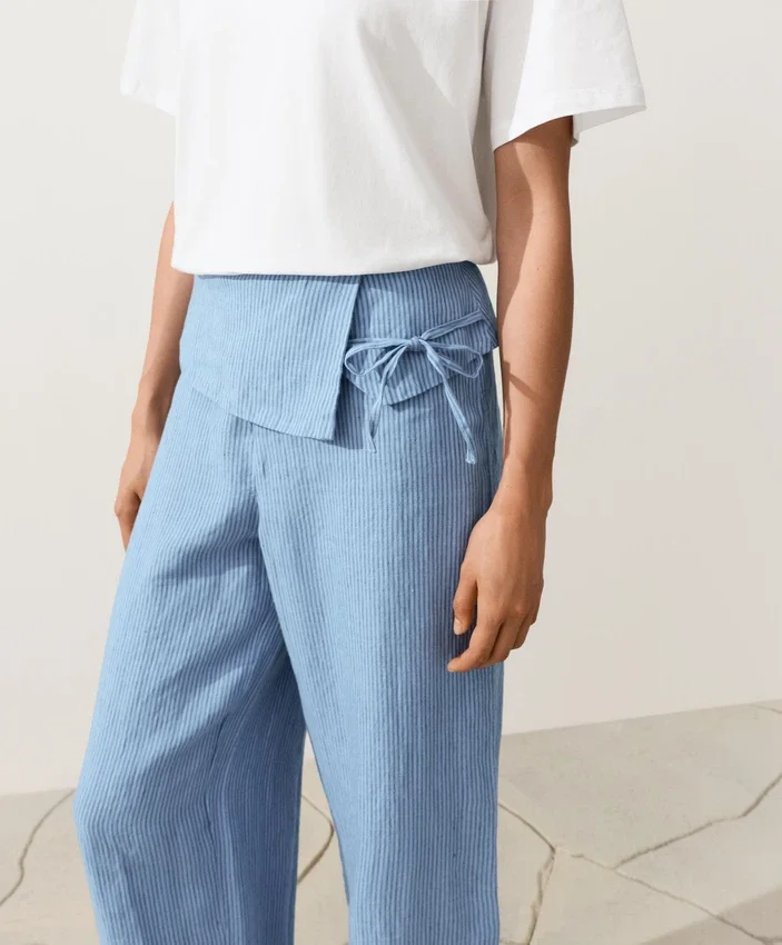 Pantalones rectos 100 % lino con cintura con vuelta Pantalones rectos 100 % lino con cintura con vuelta