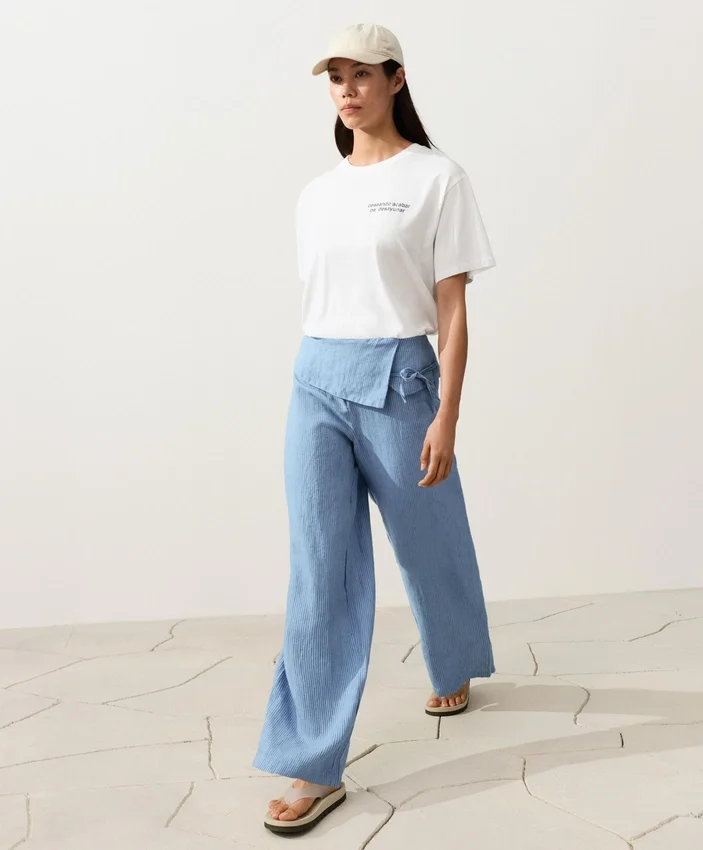 Pantalones rectos 100 % lino con cintura con vuelta Pantalones rectos 100 % lino con cintura con vuelta