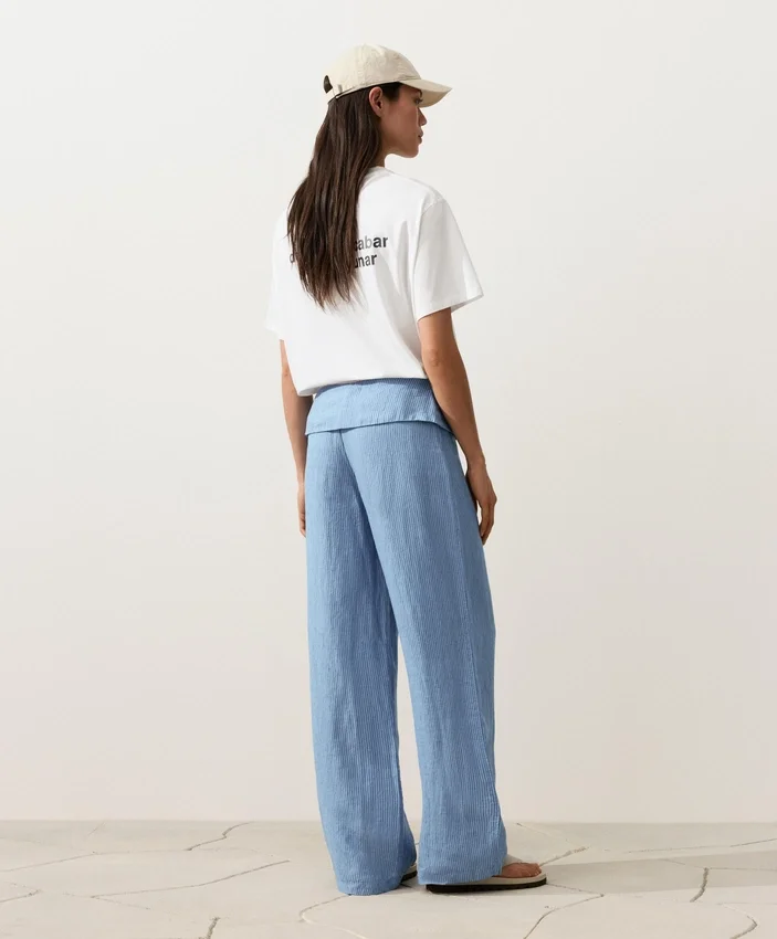 Pantalones rectos 100 % lino con cintura con vuelta Pantalones rectos 100 % lino con cintura con vuelta
