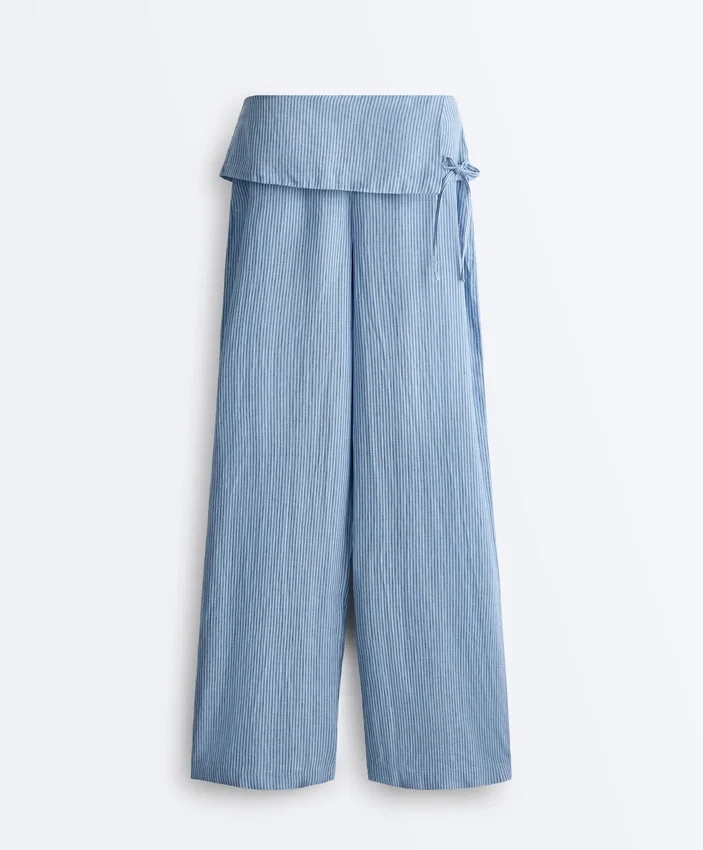 Pantalones rectos 100 % lino con cintura con vuelta Pantalones rectos 100 % lino con cintura con vuelta