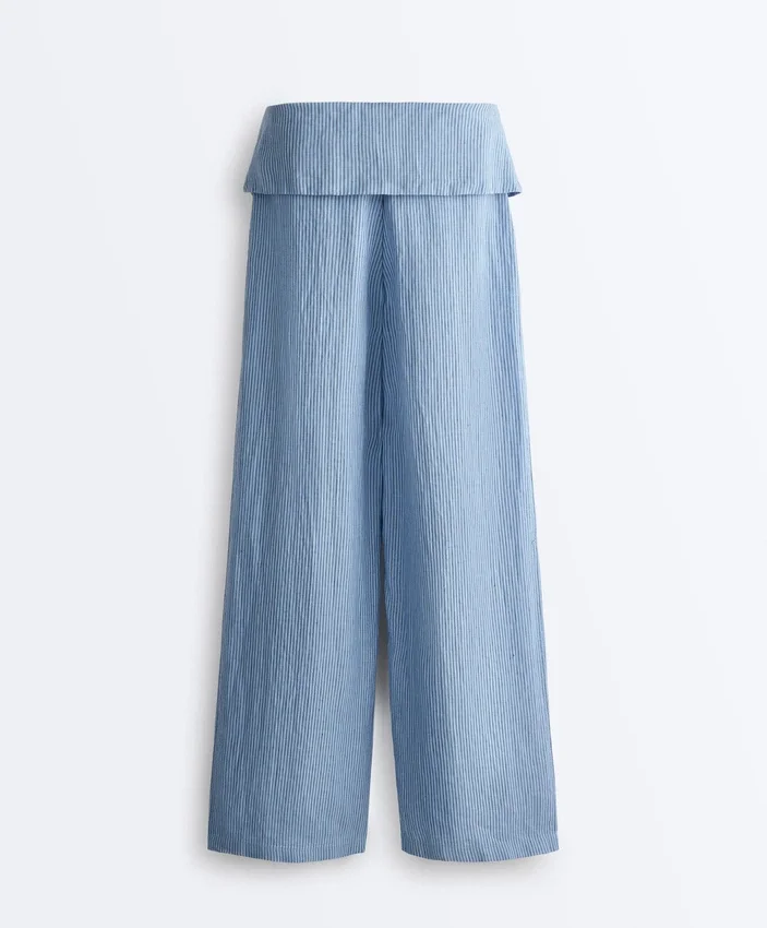 Pantalones rectos 100 % lino con cintura con vuelta Pantalones rectos 100 % lino con cintura con vuelta