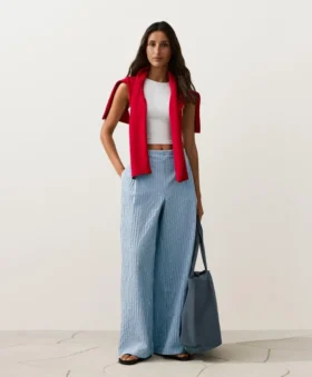 Pantalones rectos a rayas de mezcla de algodón