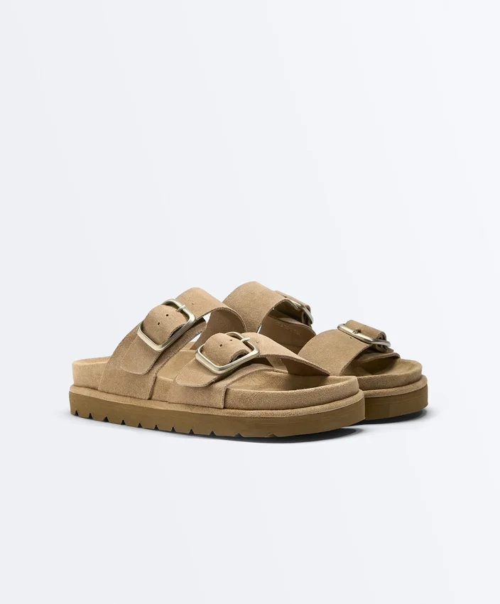 Sandalias de plataforma de piel serraje con hebilla Sandalias de plataforma de piel serraje con hebilla