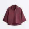 Sudadera tipo polo de mezcla de algodón con mangas anchas